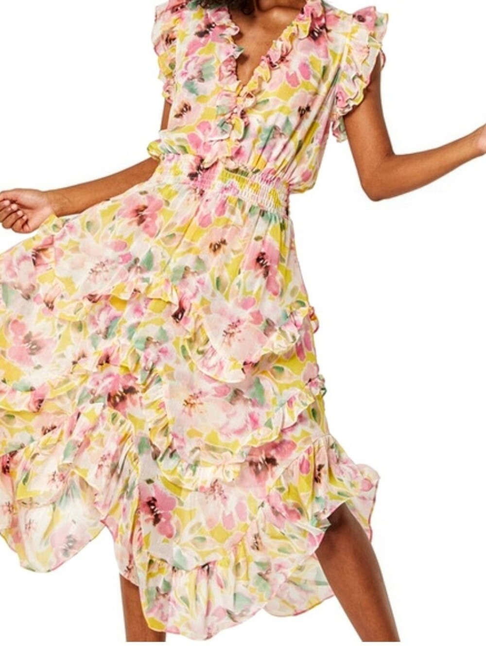 🆕🌸 MISA LOS ANGELES DAKOTA HELLO YELLOW FLORA RUFFLED FLOWY MIDI FLORAL DRESS